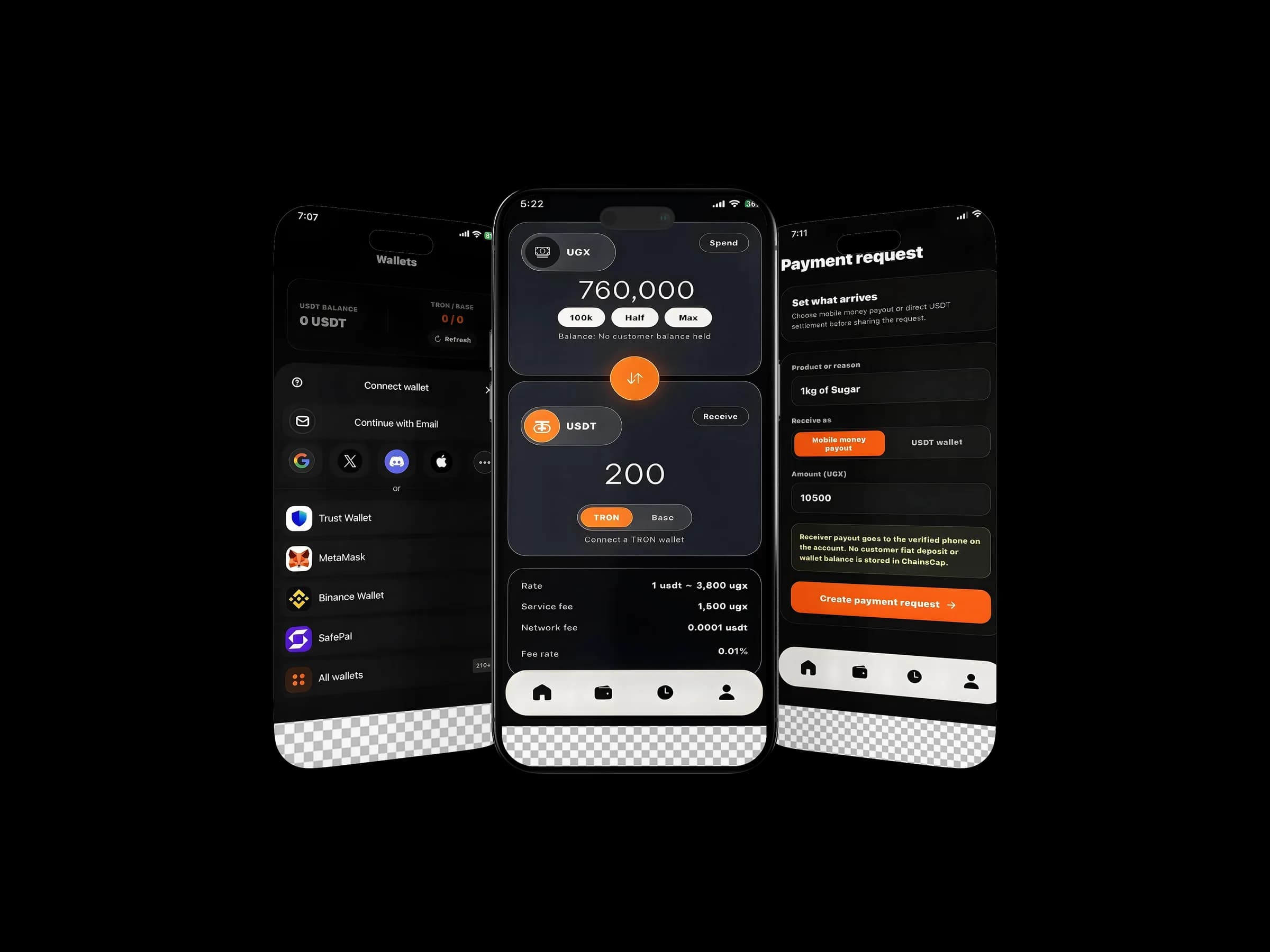 ChainsCap wallet connection, local-currency exchange, and payment-request steps
